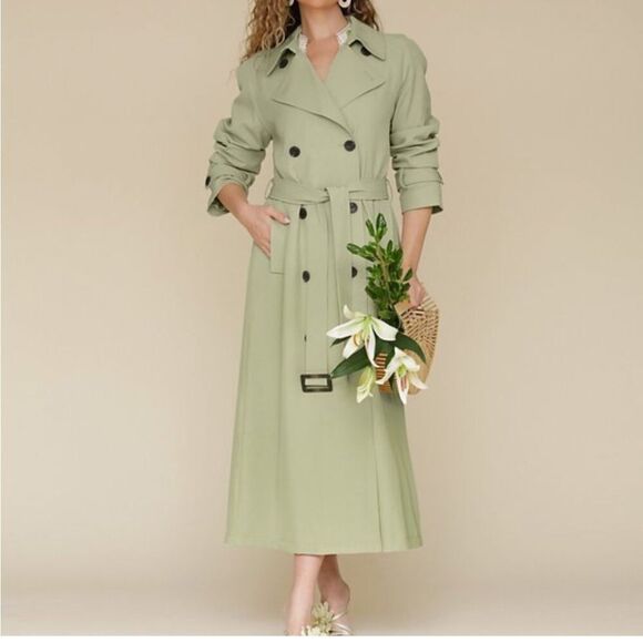 AVEC LES FILLES Women Trench Coat Long Maxi Khaki Tan Green Large Belted - Picture 3 of 16